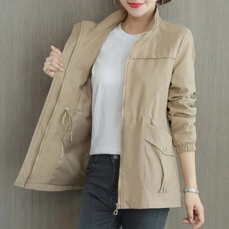 

Volemo Women's Double Layer Trench Coat Fall Casual Slim Coat Stand Collar Ladies Jacket Windbreaker Autumn Plus Size 4XL Collar