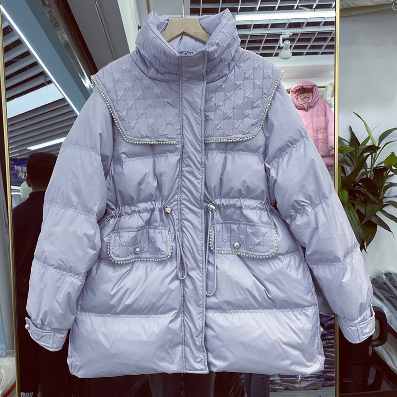 Fashion Winter Autumn Women Loose Puffer Zipper Solid Color Jacket Hooded Collar Casual All Match Warm White Duck Down Coat