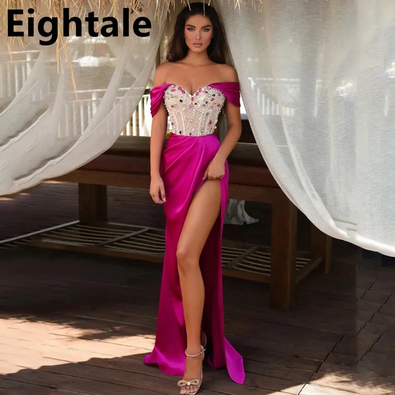

Eightale Arabic Mermaid Evening Dress With Crystals Off Shoulder Sexy Side Cut Satin Fuchsia Formal Prom Gown vestidos de noche