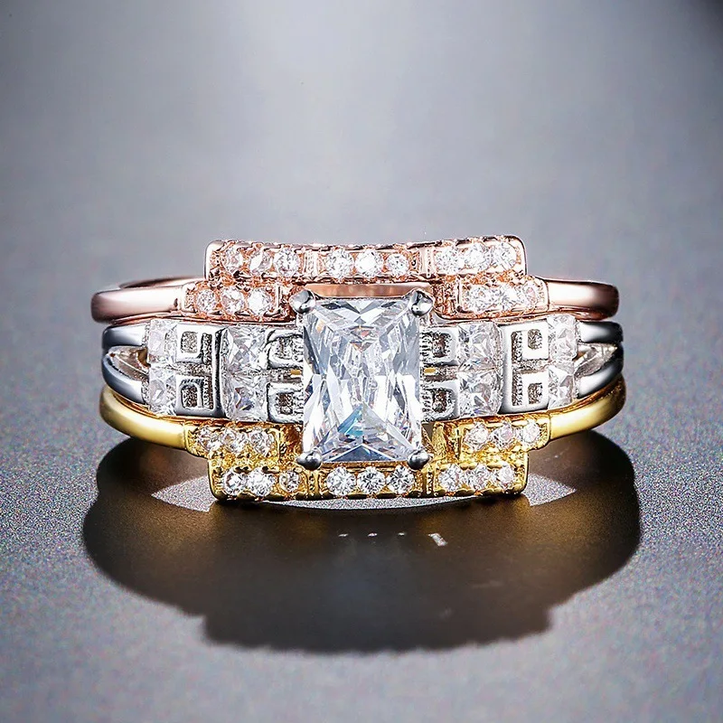 

New Hot Sale Fashion Creative Square Zircon 3-piece Ring Fashion Three-color Couple Ring Jewelry Rings Set for Women Whole Sale
