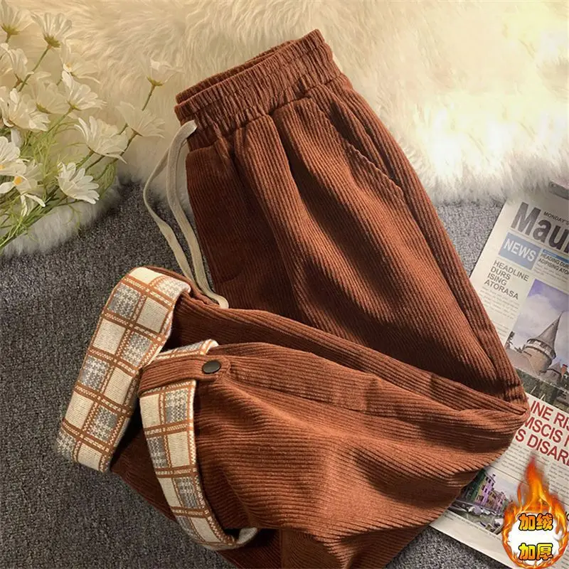 

Winter Corduroy Plush Velvet Lined Ankle-length Pantalons Women Casual Big Size Straight Pants Baggy Thicken Warm Trouser
