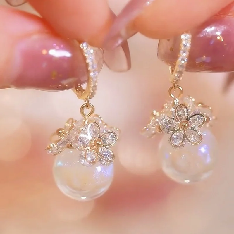 

Trendy Flower Diamond Hoop Earrings for Women Wedding Engagement Pearl Dangle Earring Valentines Day Gift Pendientes Mujer