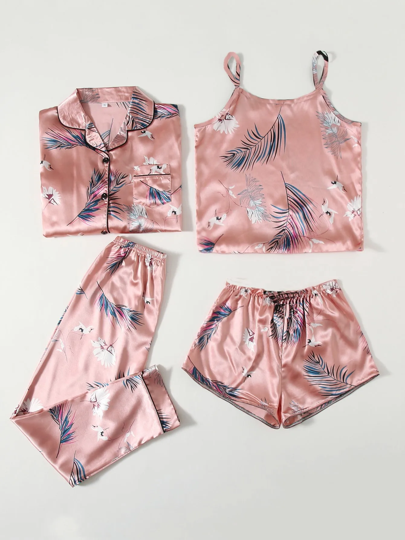 4pcs Pajama Set Women Sleepwear Sling Top Shorts Trousers Suit Pjs Loungewear Woman Pijama Set Spring Summer Autumn Home Clothes