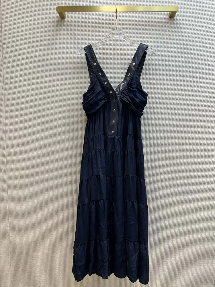 

Women's Sleeveless V-Neck Dress, Button Design, Waist Slimming Dress, Three-Dimensional Cutting Dresses, Summer, 2023