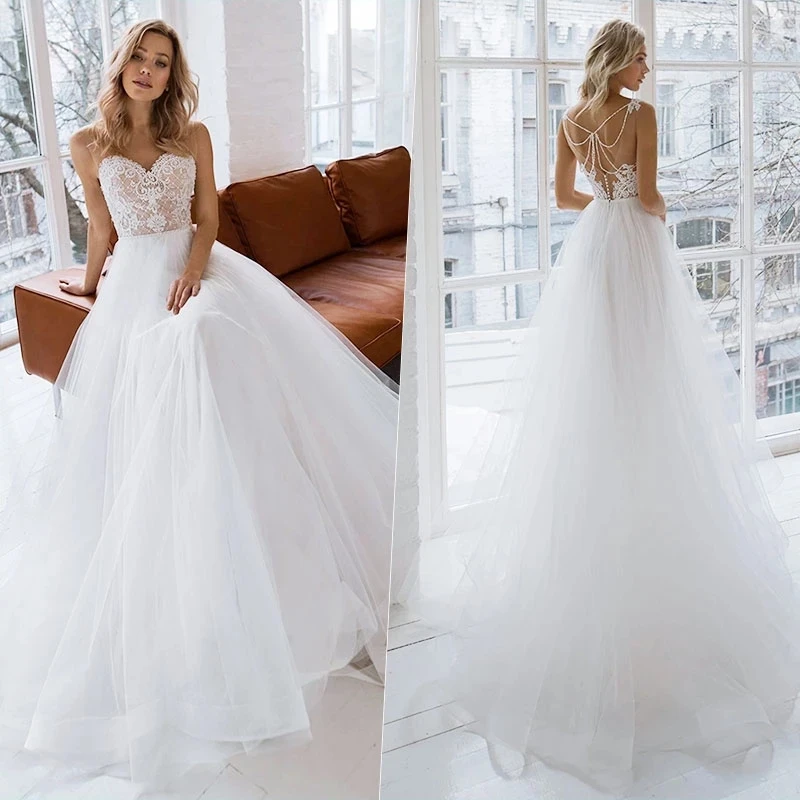 Купи Sexy A-Line Sweetheart Neck Wedding Dress 2022 Elegant Sleeveless Lace Appliques Bridal Gown Beading Backless Button Tulle Train за 4,906 рублей в магазине AliExpress