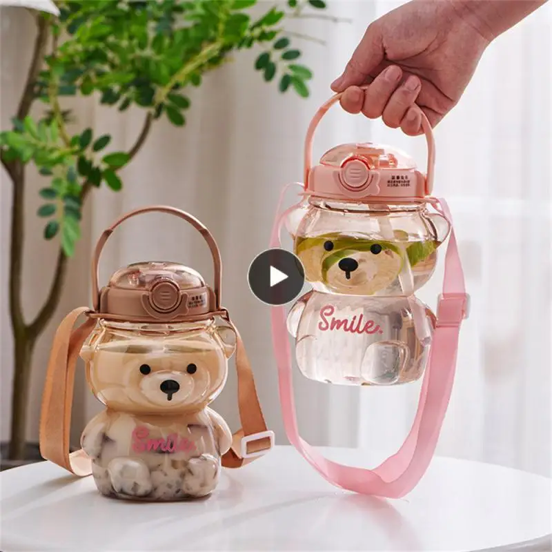 

With Straw Mug Cup Outdoor Bear Water Cup 1000ml Summer Drinking Bottle Kawaii Water Bottle Sport Kids Travel Mug Single Layer