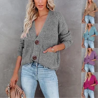 womens autumn and winter new solid color v neck cardigan single breasted long sleeved sweater coat cardigan