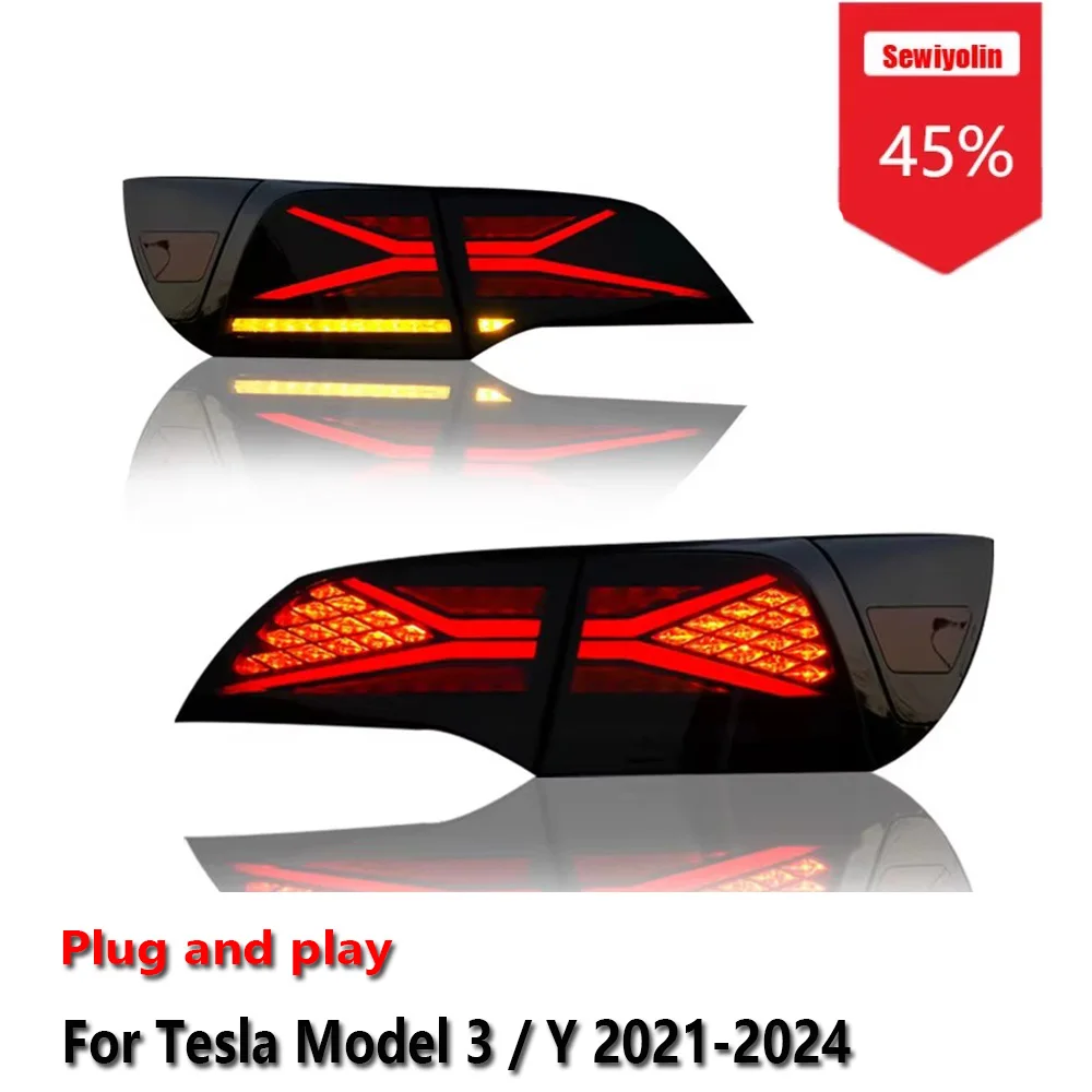 Фото Sewiyolin Автомобильные светодиодные задние фонари в сборе для Tesla Model 3/Y 2021-2024 Автоматические противотуманные фары DRL с тормозным указателем поворота Plug and Play №1