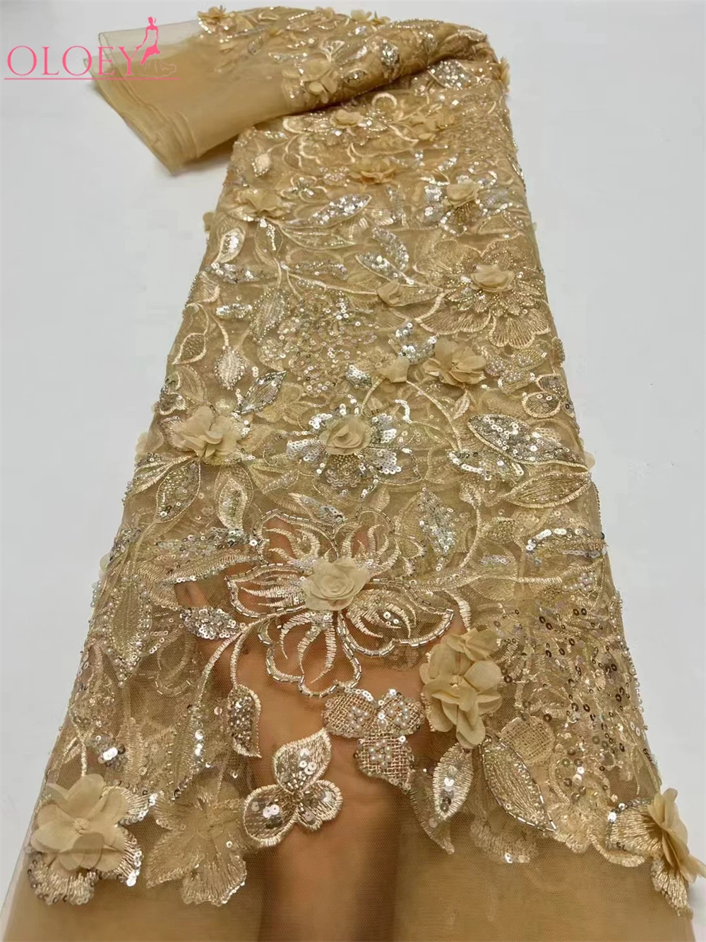 2024 модная французская сетка 3D Цветочная вышивка из бисера кружевная ткань с