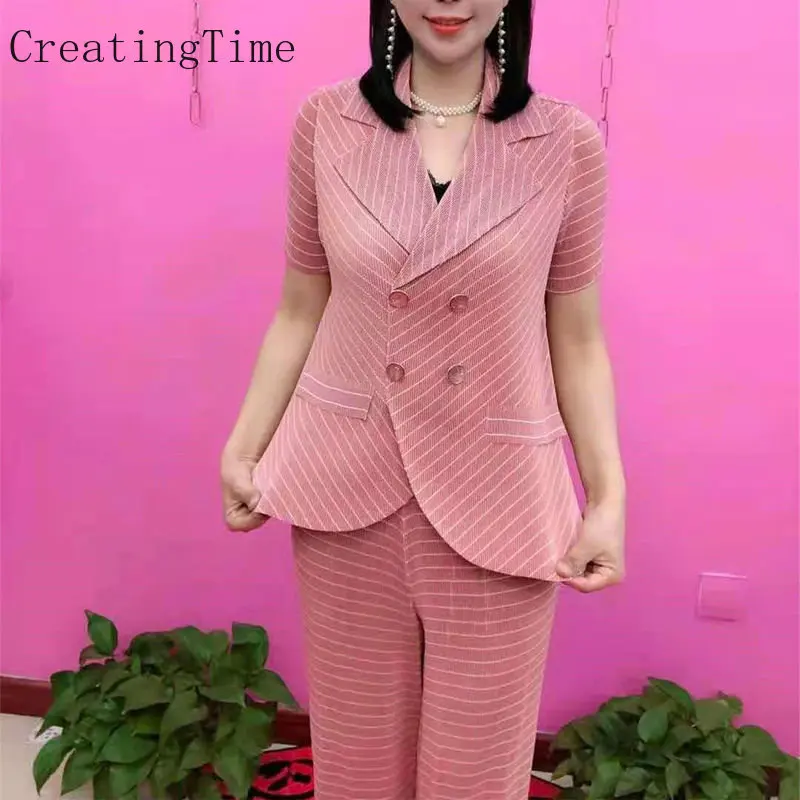 

Pleated Striped Blazer Set Trousers Suit Two-piece Women's Casual Fashion Loose Double Breasted Spring 2023 Famale Outwear LH848