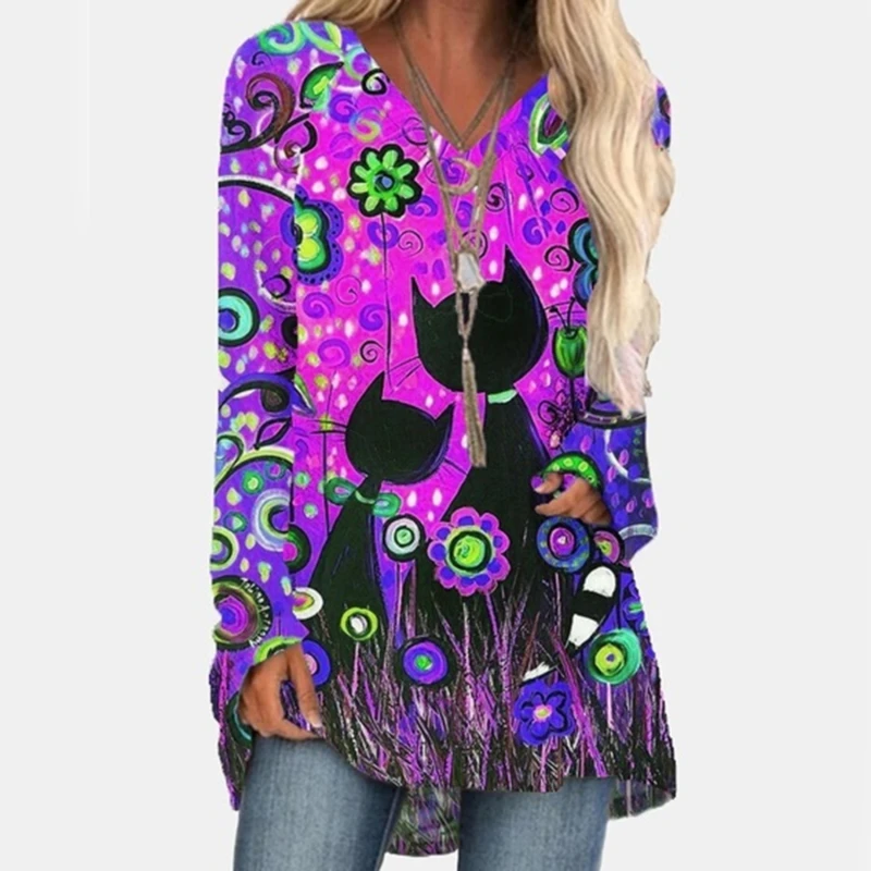 

Autumn Cartoon Printed Women T Shirt Fashion Halloween V Neck Long Sleeves Funny Pullover Female Casual Loose T Shirt