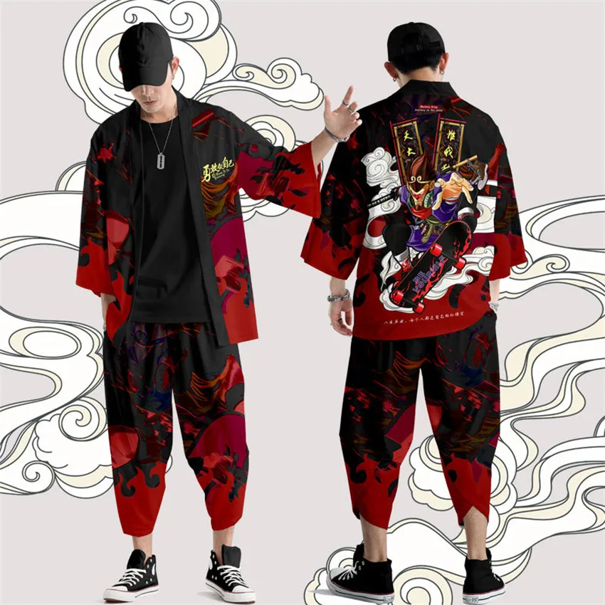 Two-piece Suit Oversize S-6XL Loose Japanese Cardigan Women Men Cosplay Yukata Clothing Harajuku Samurai Kimono + Pants Sets