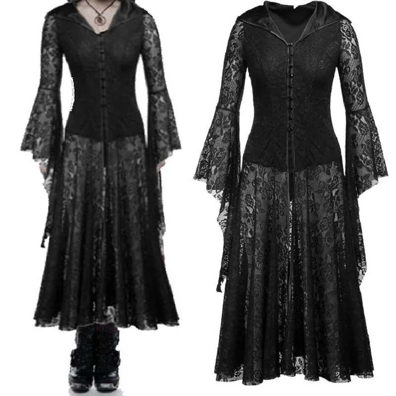 

Medieval Retro Court Robe Long Lace Dress Gothic Flared Sleeves
