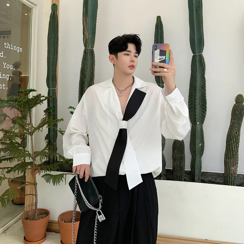 

Black White Vintage Korean Fashion Men's Clothing Sweatshirts Men's Design Long Sleeve Button Up Social Shirts Top B121