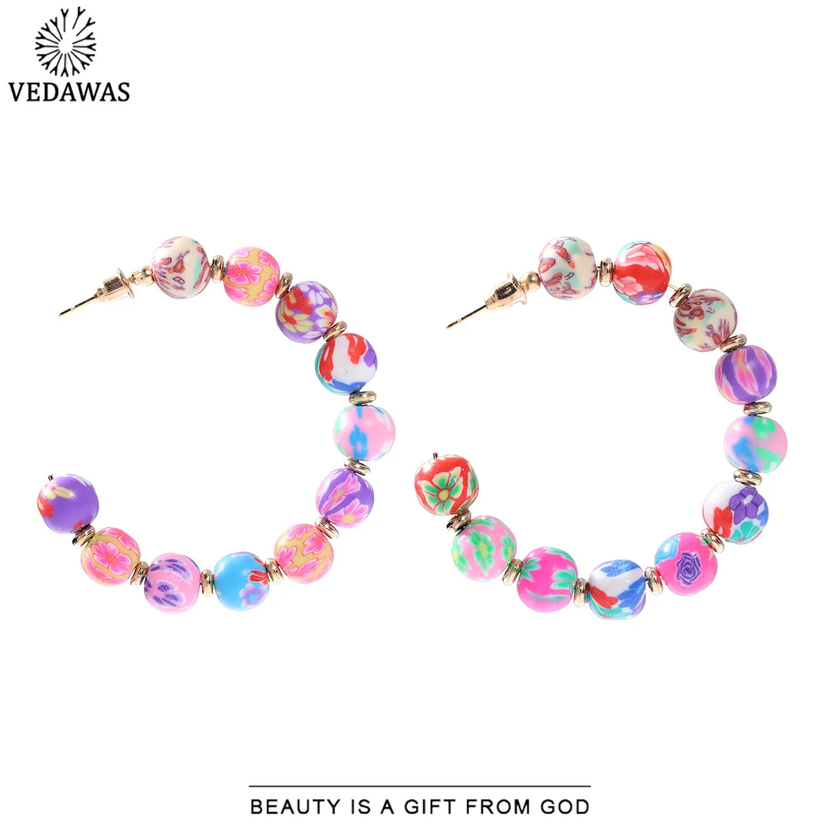 

Vedawas New Arrival Handmade Colorful Wooden Beads Hoop Earrings Bohemian Summer C-Shaped Jewelry Fashion Accessories For Women