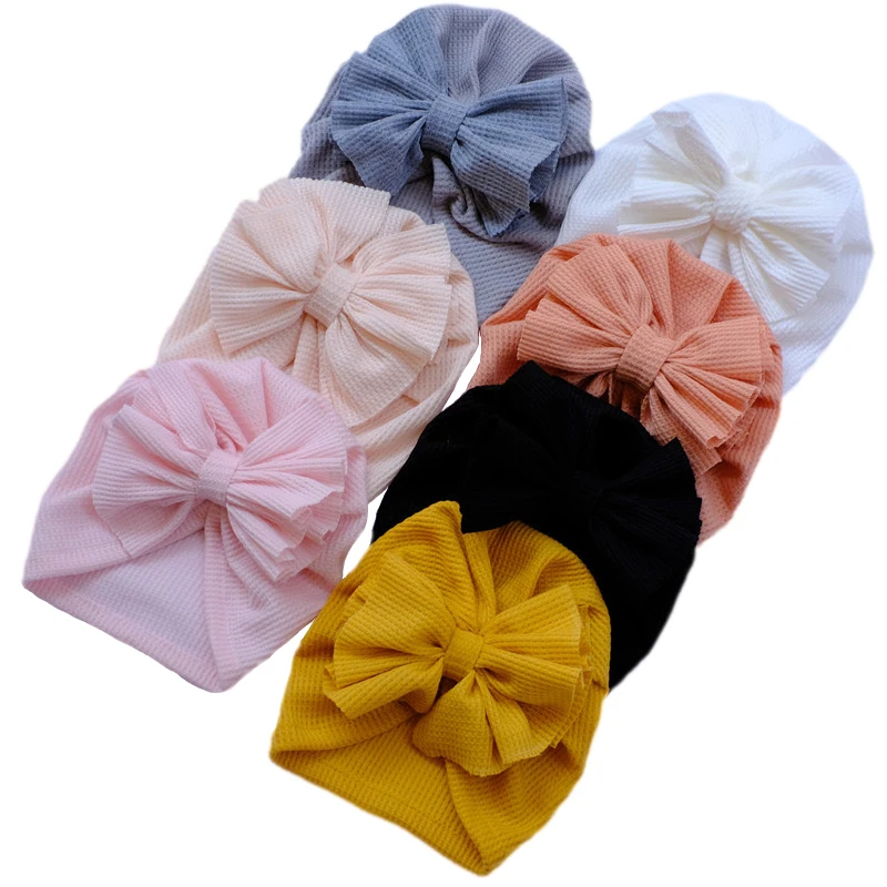 

New Born Baby Bonnet Big Bow Turban Hat for Girls Toddler Infant Beanie Soft Waffle Boys Cap Solid Color Kids Accessories 0-24M