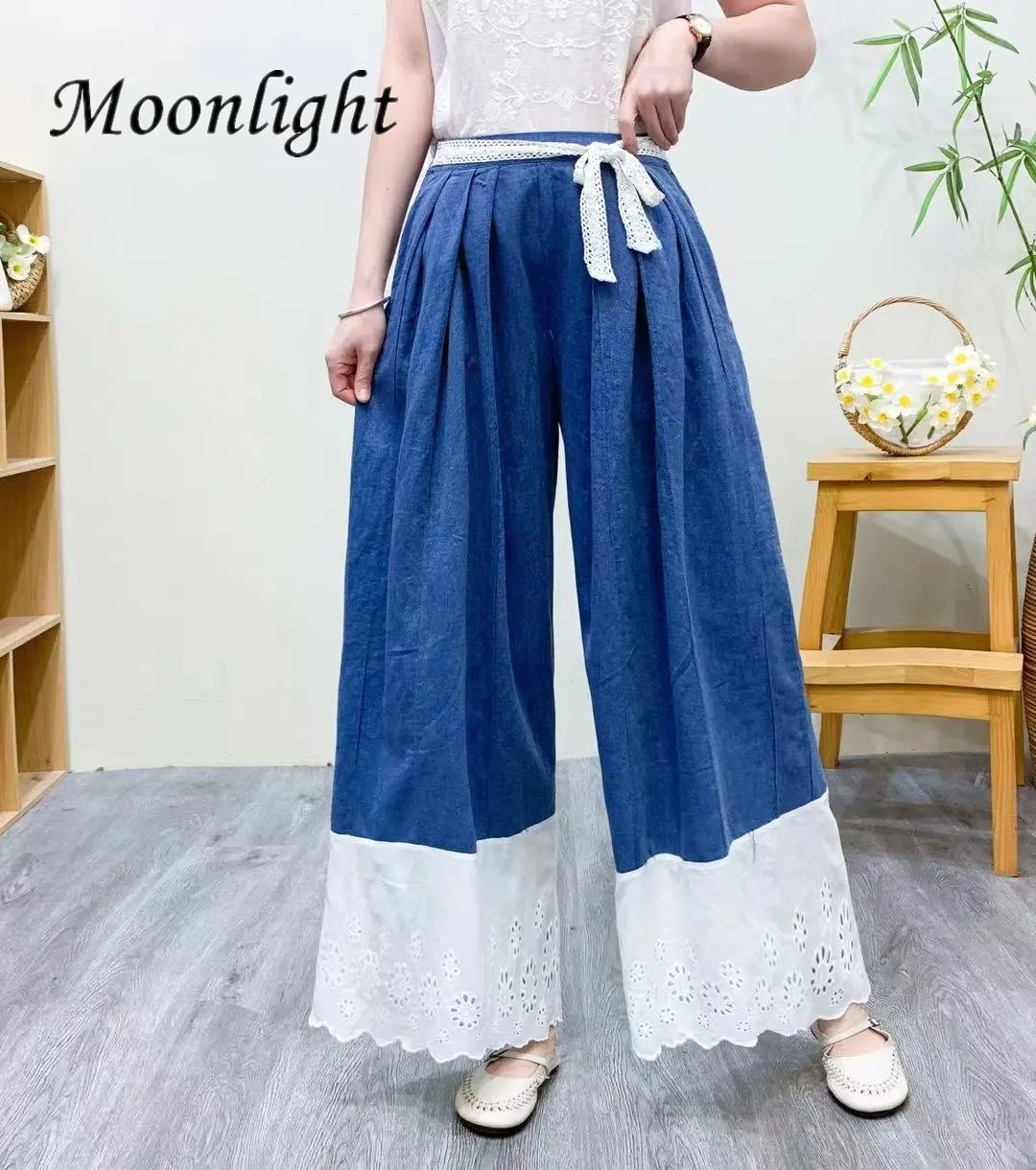 

Vintage Plaid Cotton Linen Pants Women Japanese Kawaii Lace Splicing Elastic Waist Casual Wide Leg Pant Harajuku Mori Trousers