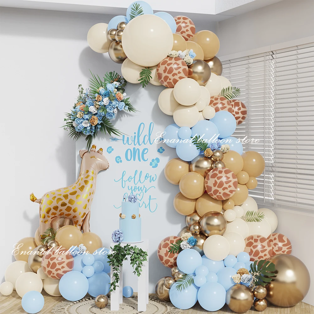 

110pcs Cartoon Giraffe Print Balloon Garland Jungle Animal Blue White Sand Beige Balloon Baby Shower Boy First Birthday Party De