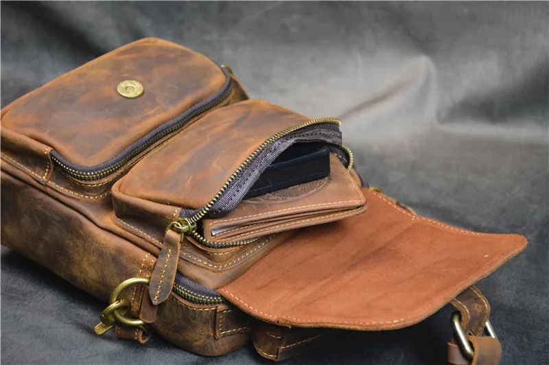 Vintage outdoor daily crazy horse cowhide men small handbag weekend casual natural genuine leather shoulder messenger bag