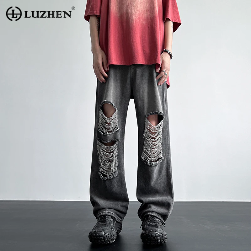 

Летние Новые Изношенные джинсы LUZHEN, джинсовые брюки с широкими штанинами, Модные Винтажные уличные джинсовые брюки C844a2