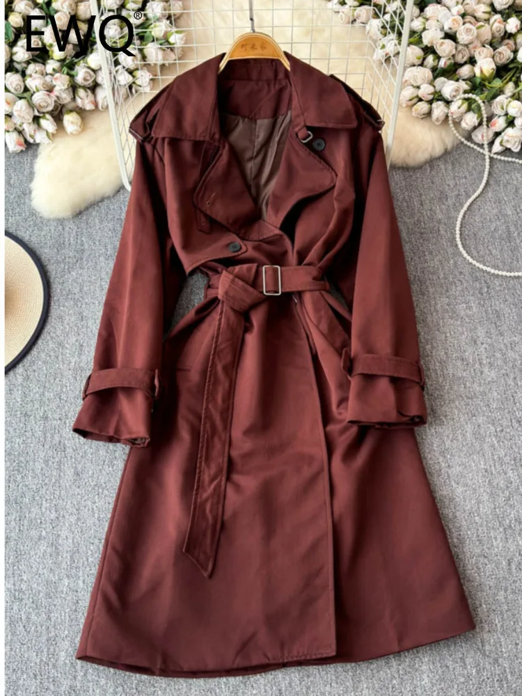 EWQ корейский стиль женский двубортный плащ с лацканами однотонное пальто средней