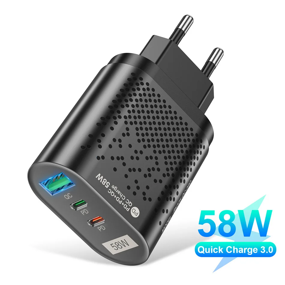 Зарядное устройство с 3 USB-портами, 58 Вт, 2 порта, Тип C, PD20W, быстрая зарядка USB, адаптер для быстрой зарядки для iPhone, Samsung, Xiaomi, iPhone, 18 Вт