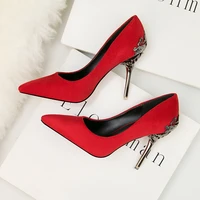 new carved metal heels wedding elegant women pumps red gold solid flockpu shallow pointy toe dress high heel shoes woman autumn