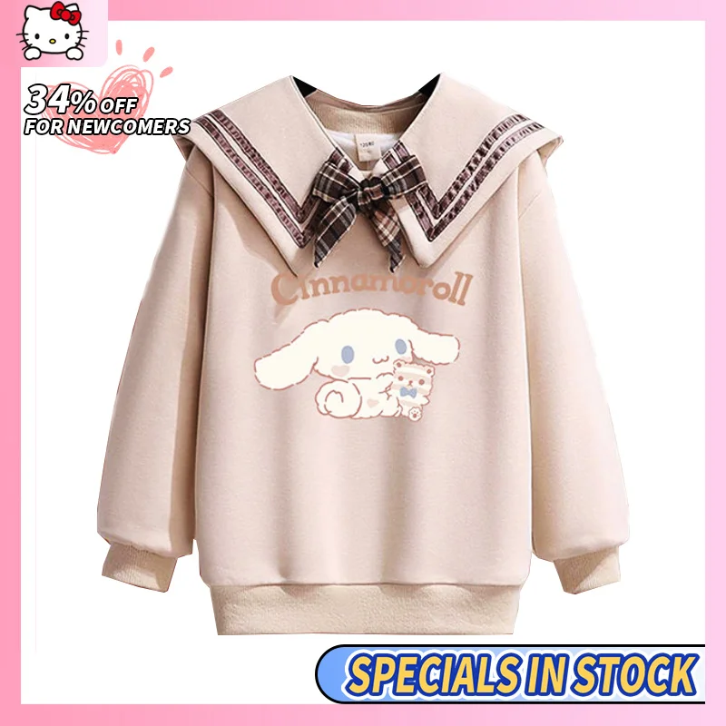 

Sanrio T-Shirt Cinnamoroll Kawaii Girls Big Bow Jk Style School Uniform Children Summer Fashion Loose Clothing Cute Outerwear