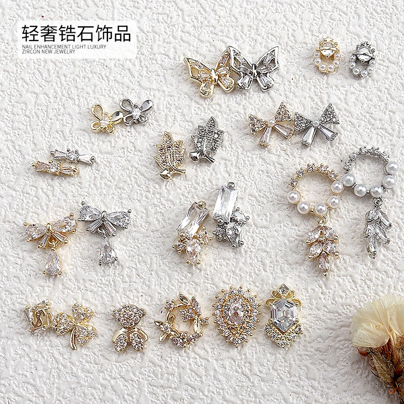 

2Pcs Luxury Gold/Silver Zircon Nail Art Charms Jewelry Multi-Designs Metal Pearl Nail Art 3D Accessories For Sparkle Jewelry