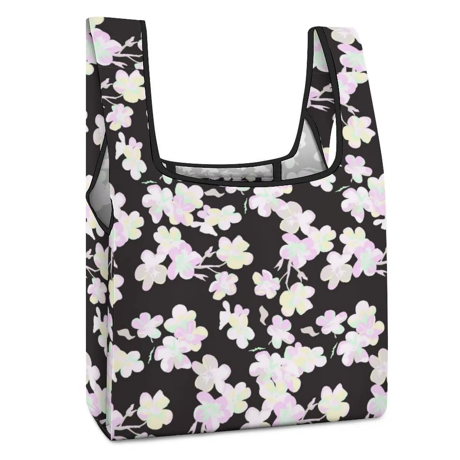 Black Beautiful Flowers Shopping Bag Customized Printed Bags Shopper Shoulder Bag Casual Woman Foldable Handbag Custom Pattern
