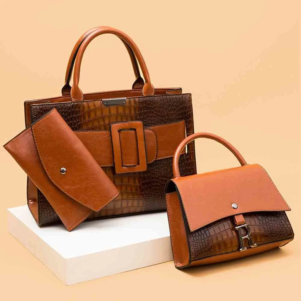 

3 Pcs Set Fashionable Women Casual Tote Bag High Quality Crocodile Print PU Leather Luxury Shopper Bag Top Handle Bag 2022 New
