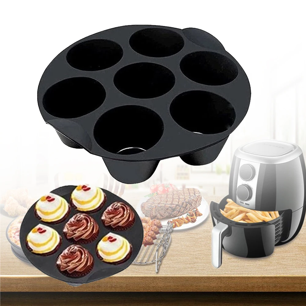 

7 Holes Round Muffin Cup Cake Air Fryer Accessories Baking Basket Plate Grill Pot Kitchen Cooking Tool For Party Mousse Mould