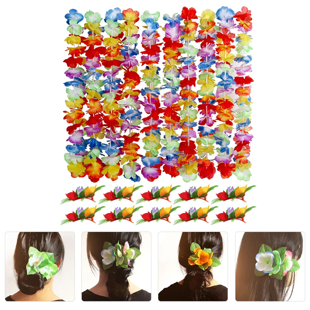 

10 Sets Hawaiian Party Supplies Simulation Flower Garland Necklace Hair Clips