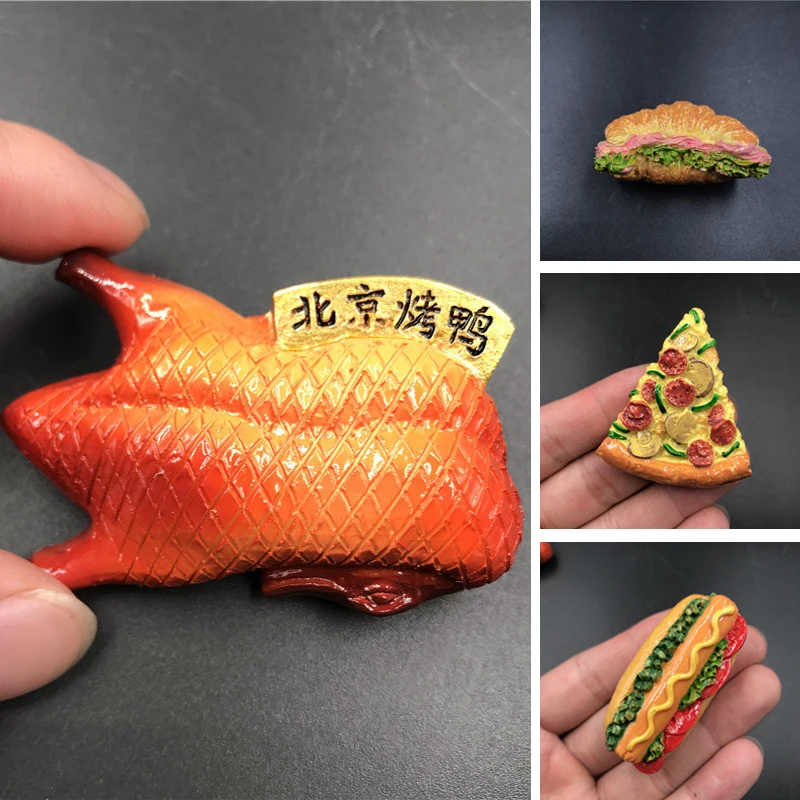 

3D Bionic Food Refrigerator Sticker Beijing Roast Duck Pizza Hot Dog Bread Hamburger Resin Fridge Magnets Home Decoration Gifts