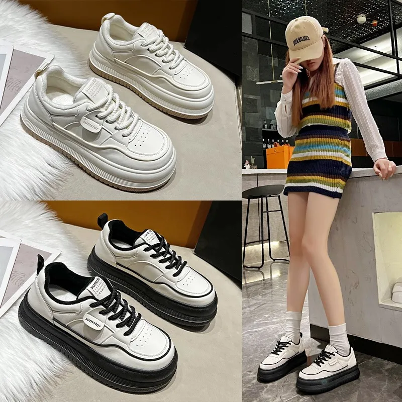 

Thick bottomed Muffin shoes 2023 autumn and winter New woman's Lace up Plush Leisure Flat bottom Little white shoes Bread shoes