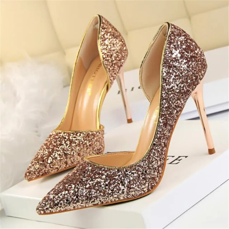 

Sexy nightclub women's shoes stiletto high heels shallow mouth pointed side hollow sequins single shoes women's high heels 9.5cm