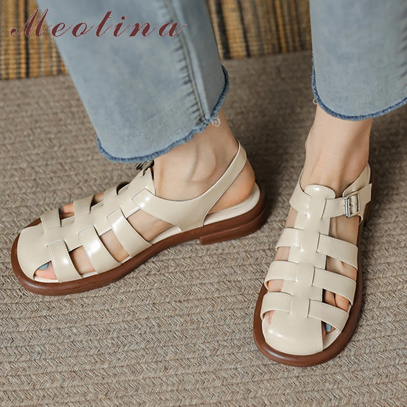 

Meotina Women Genuine Leather Sandals Round Toe Platform Flat Sandals Narrow Band Buckle Fashion Sandals Ladies Shoes Summer 40
