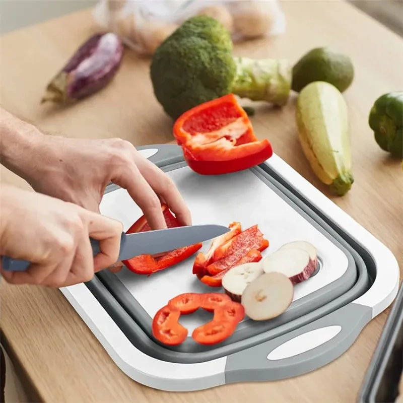 

LMETJMA 3 in 1 Collapsible Cutting Board Foldable Chopping Board Camping Dishes Sink Space Saving Kitchen Drainage Basket JT120