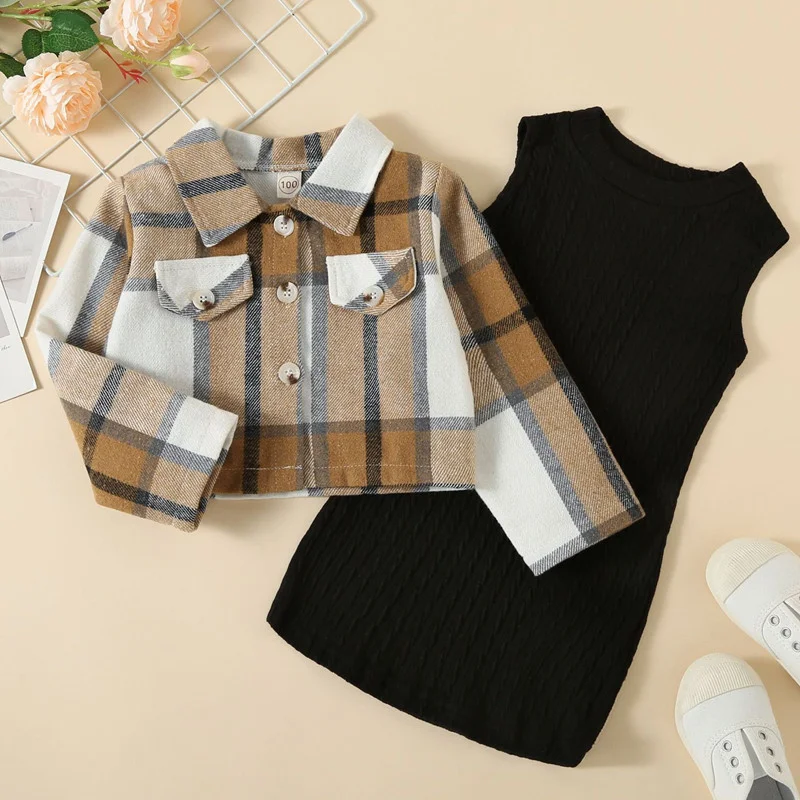 

Baby Girls Autumn Clothes Set Sweet Outfits Kids Girls Plaid Wool Jacket Knitted Dress Two-piece Set 4-7 Years