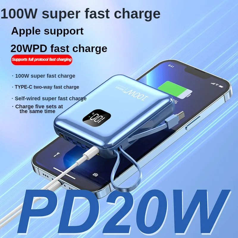 

100W Super Fast Charge 10000mAh Mini Power Pack Built in Cable Power Pack For iPhone 12 11 Pro Xiaomi External Battery Charger