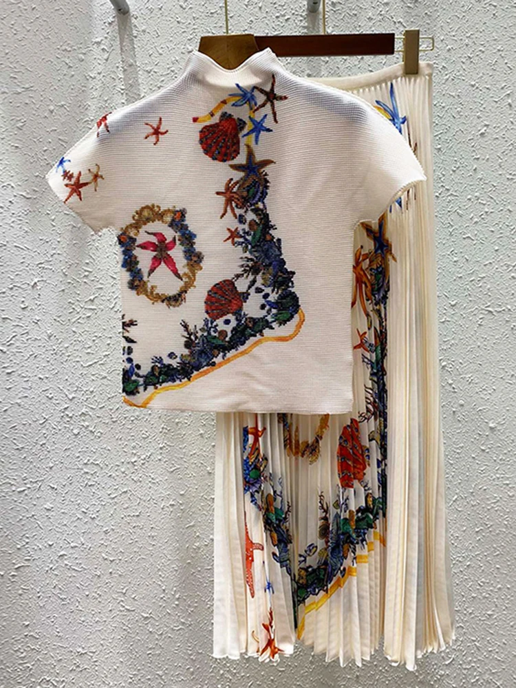 

2022 летний высококачественный комплект из двух предметов, женский топ с короткими рукавами и принтом морской звезды + плиссированная юбка, абрикосовый, черный, праздничный