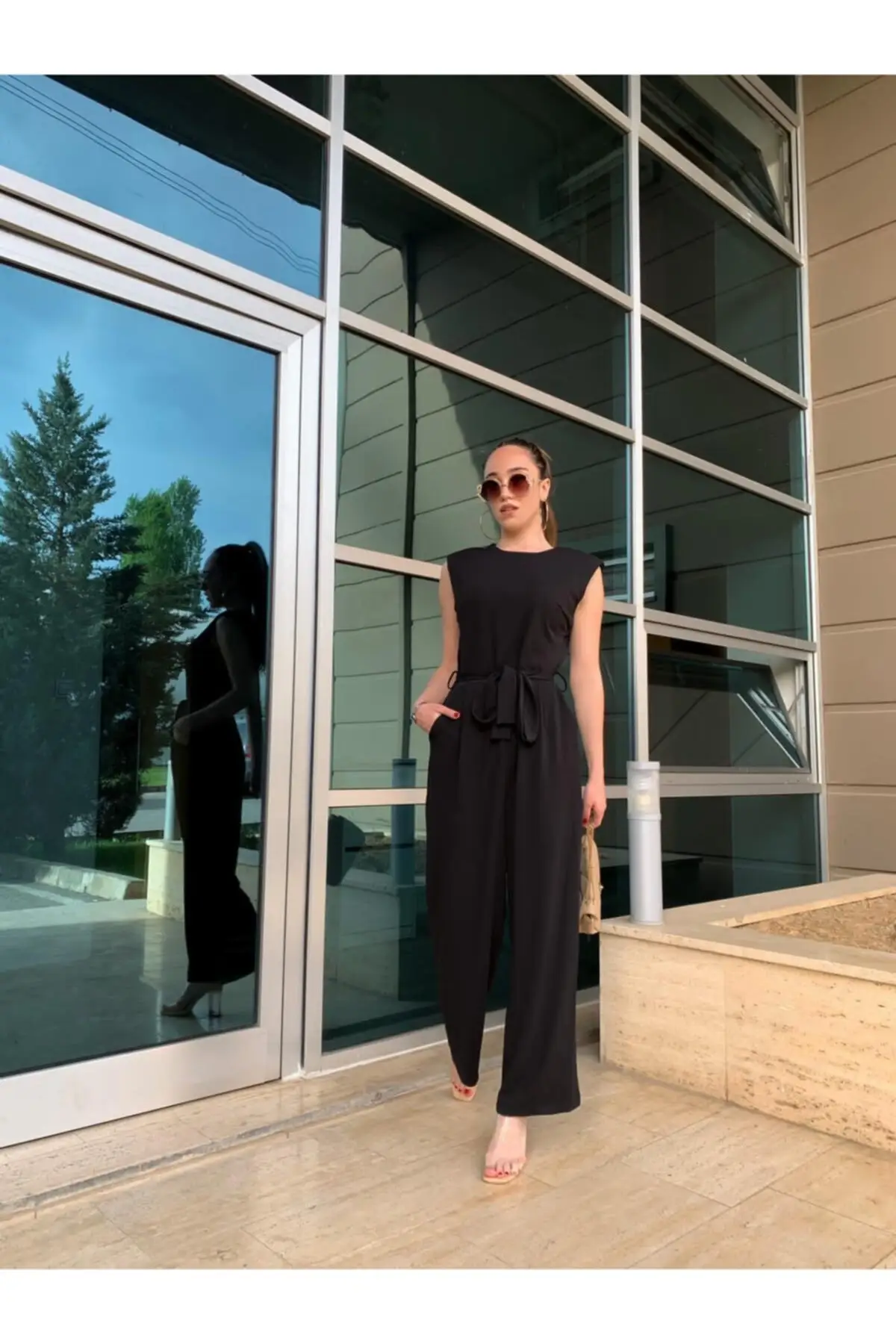 

Women's Overalls Black Belted Jumpsuit Hot Style Quality Fabric Sleeveless Baggy Trousers Casual Jumpsuit