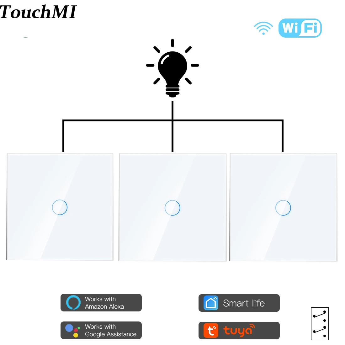 

TouchMI Wifi Light Switches 1/2/3Way Wall Touch Switch Smart 1/2/3Gang Glass Tuya Google Smart Life Alexa Alice Wireless Control