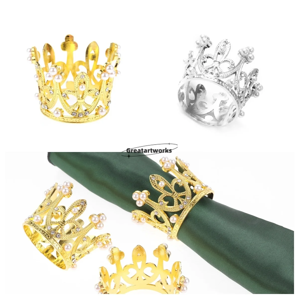 

12pcs/set Crown Shape Napkin Buckles Luxurious Pearls Rhinestones Decor Dinner Table Cloth Holder Rings Gold/Silver Party Feast