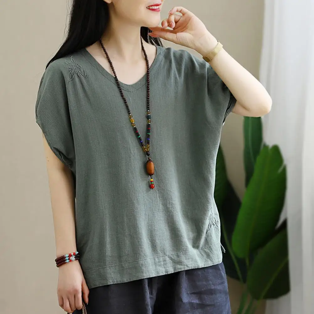 

Summer Blouse Short Sleeves Anti-pilling Comfortable Embroidery Women Blouse Solid Color Summer T-shirt Lady Garment