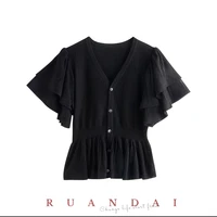 solid color short sleeved cardigan for ruandai 2022 summer new v neck hollow ruffle edge single breasted slim knit tops female