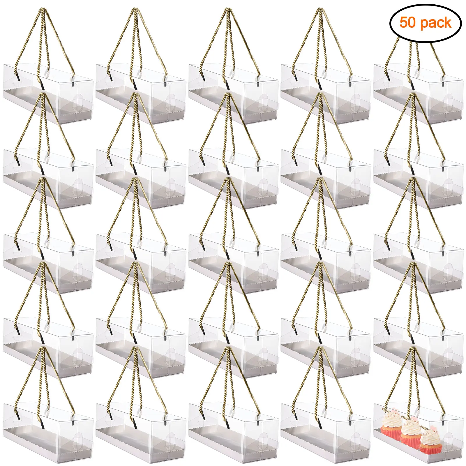 

Alabelleza 50 PCS Clear Cupcake Boxes with Handle 9x3x3 Inch Clear Cake Boxes Bakery Cake Boxes Plastic Rectangular Cupcake Cont