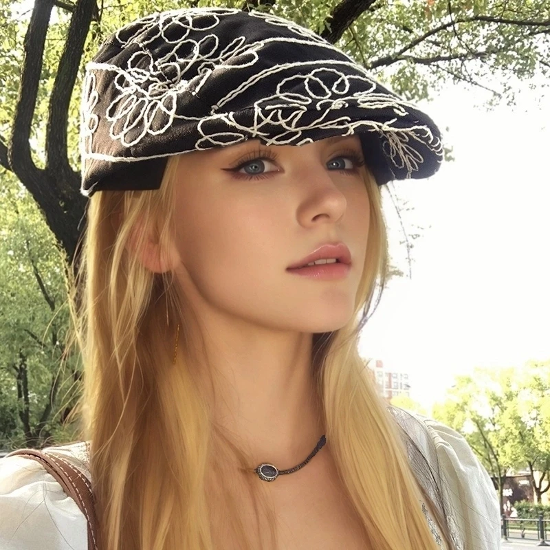 Винтажная Черная шапка с цветочной вышивкой спереди женский летний берет