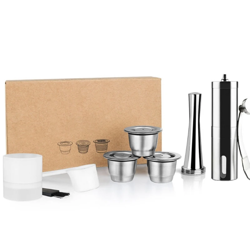 

Reusable Coffee Capsule Stainless Steel Refillable Filter Espresso Cup Hand Grinder Powder Filler Hammer for Nespresso