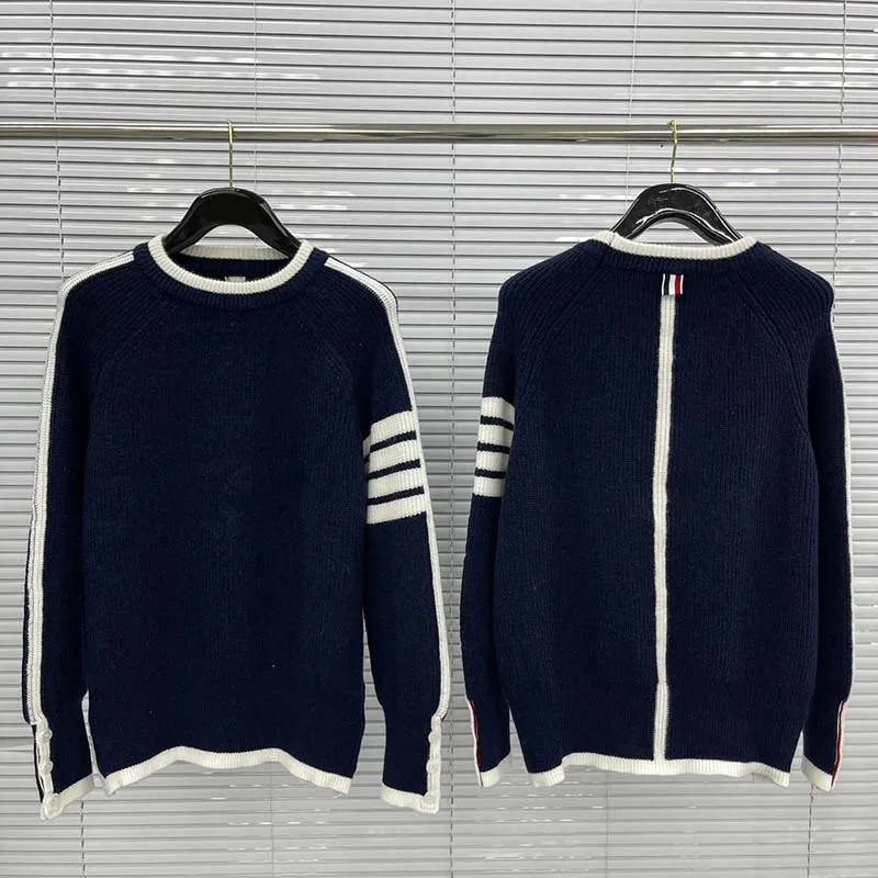 TB Men's Pullover Knitted Stripes Fashion Korean Design Chic Women Winter Knitwear Office Casual Loose Sweater Sweaters